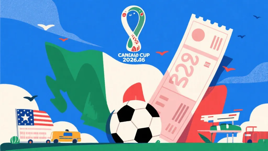 2026年美加墨世界杯概念图，包含足球与高昂旅行账单元素